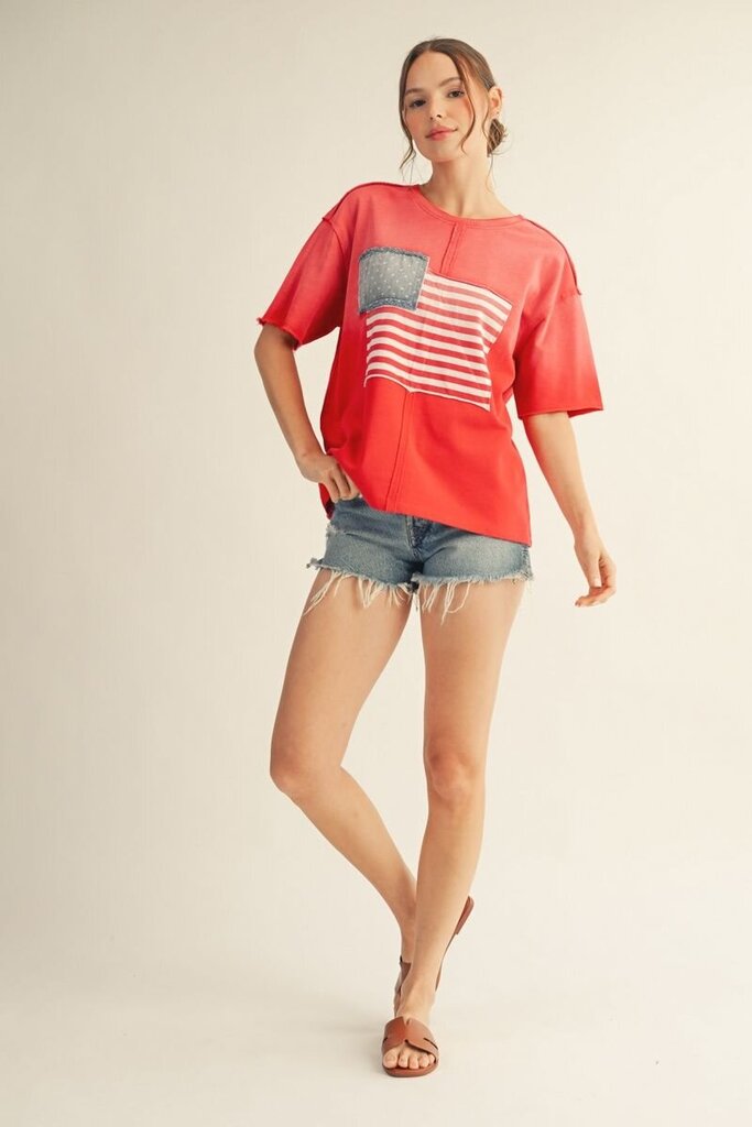 JODIFL Red Short Sleeve Patch Flag Top