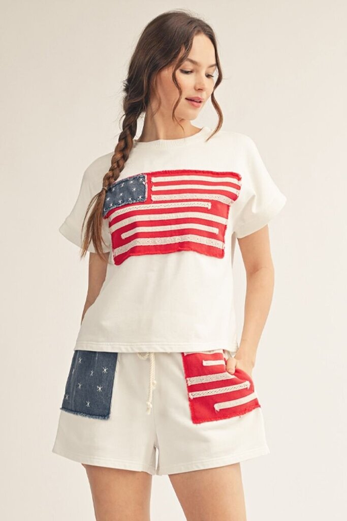 JODIFL White Short Sleeve Denim and Lace Patch Flag Top