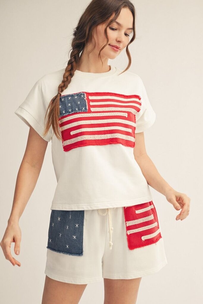 JODIFL White Short Sleeve Denim and Lace Patch Flag Top