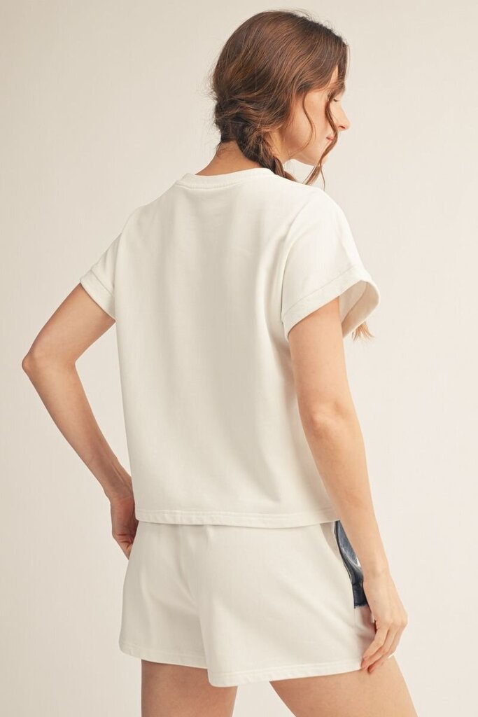 JODIFL White Short Sleeve Denim and Lace Patch Flag Top