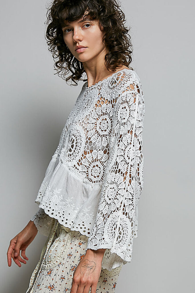 POL White Cotton Crochet Long Sleeve Top