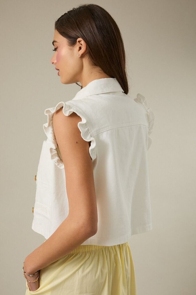 SUNDAY EDITION Sleeveless White Twill Ruffle Sleeve Vest Top