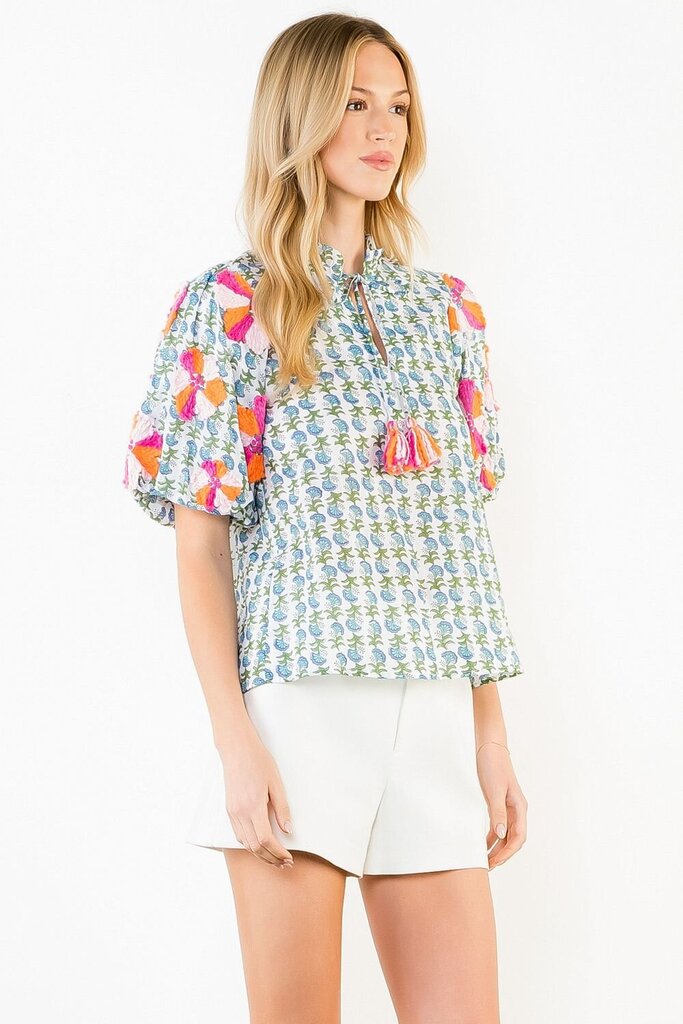 THML White Cotton Printed Top with Embroidery