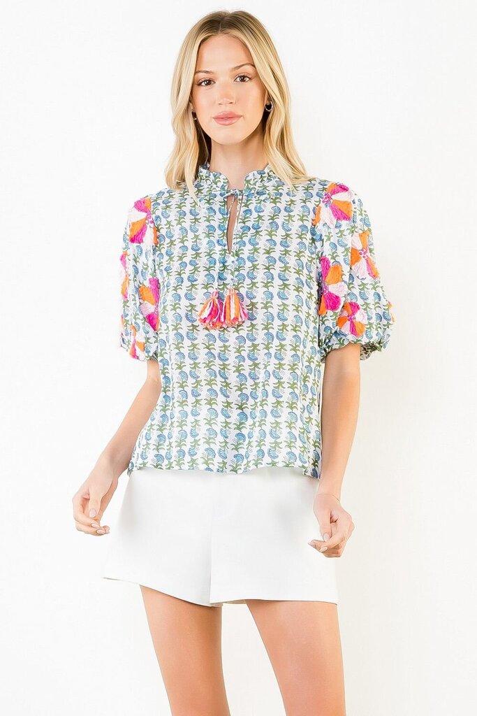 THML White Cotton Printed Top with Embroidery