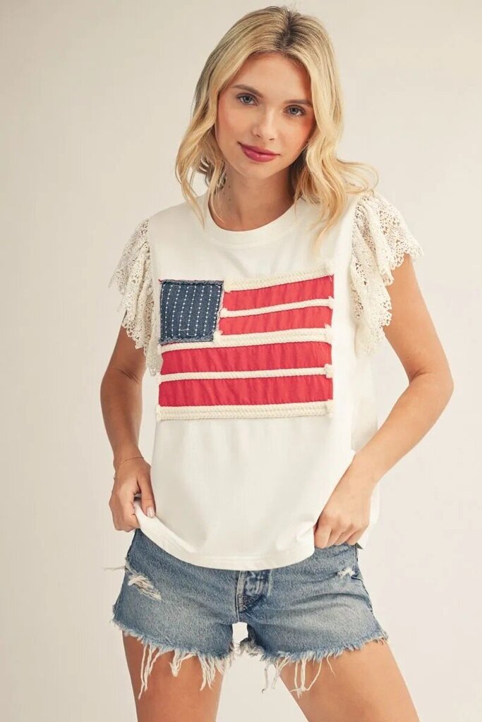 JODIFL White Lace Short Sleeve Patch-Embellished American Flag Top