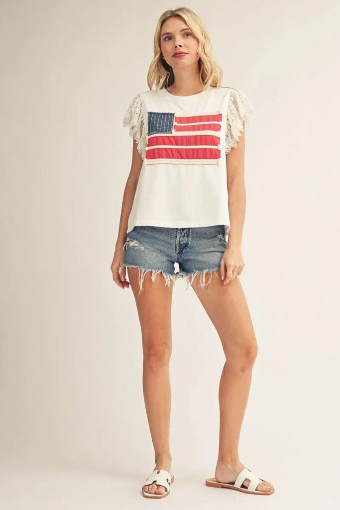 JODIFL White Lace Short Sleeve Patch-Embellished American Flag Top