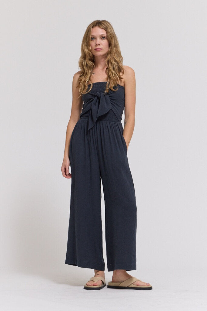 GRADE & GATHER Washed Black Strapless Cotton Gauze Tie Front Jumper