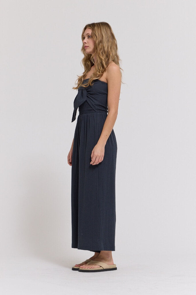 GRADE & GATHER Washed Black Strapless Cotton Gauze Tie Front Jumper