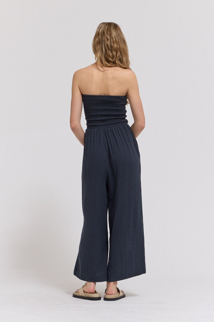 GRADE & GATHER Washed Black Strapless Cotton Gauze Tie Front Jumper