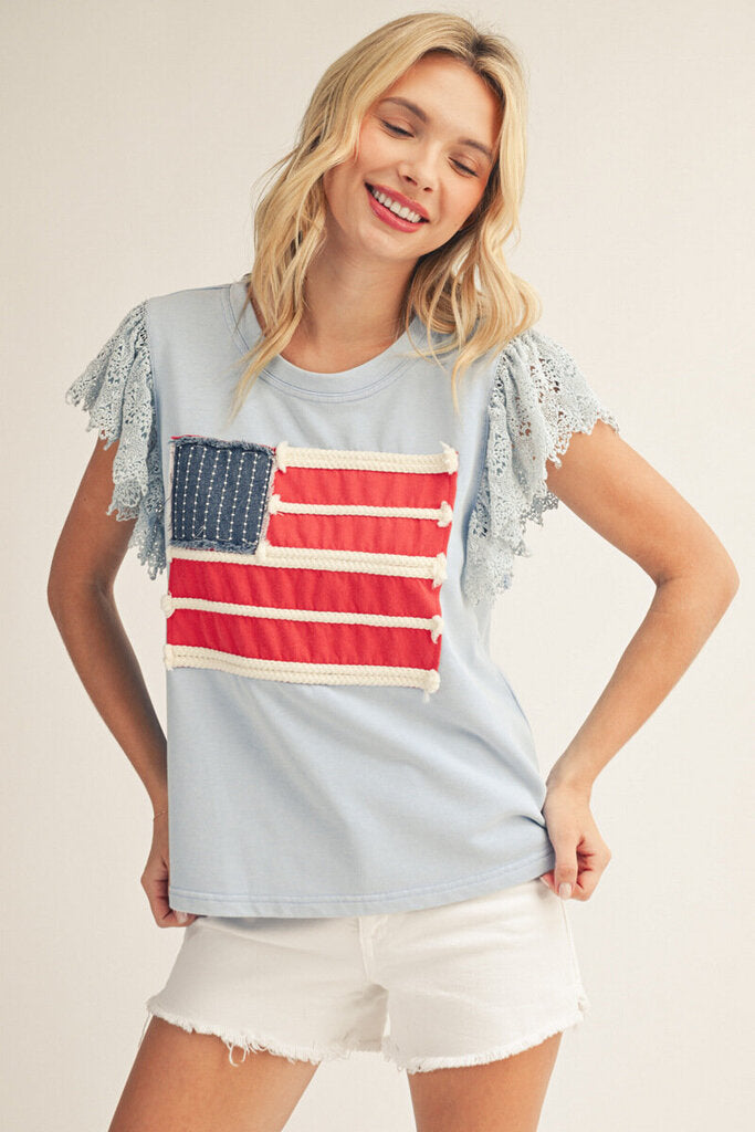JODIFL Blue Lace Short Sleeve Patch-Embellished American Flag Top