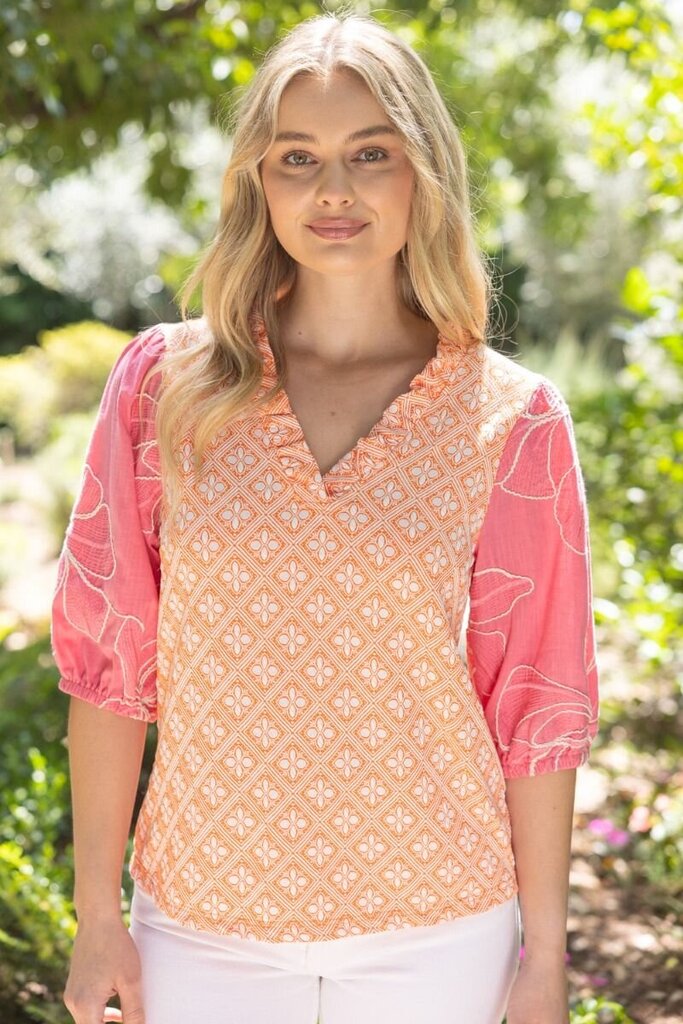 VOY Orange and White with Embroidered Pink Puff Sleeve Top