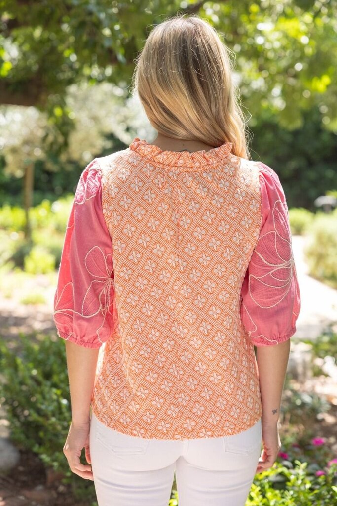 VOY Orange and White with Embroidered Pink Puff Sleeve Top