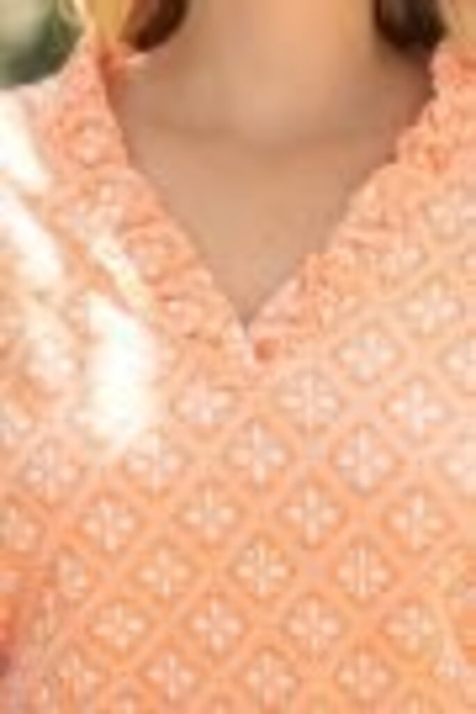 VOY Orange and White with Embroidered Pink Puff Sleeve Top