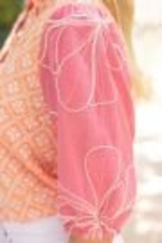 VOY Orange and White with Embroidered Pink Puff Sleeve Top
