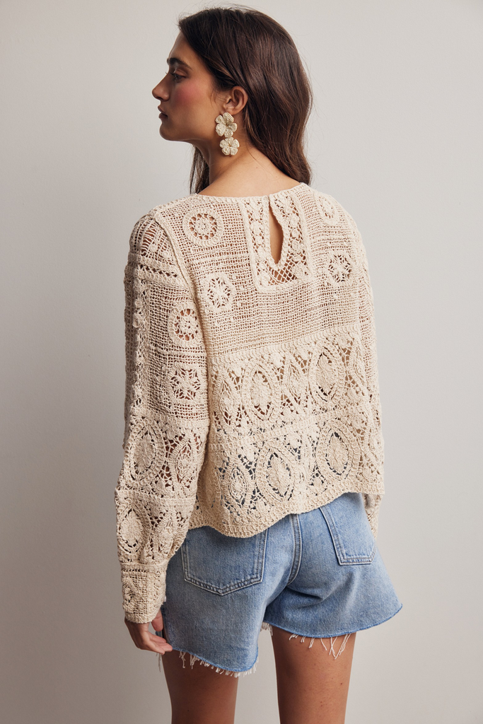 FORTE Cream Long Sleeve Crochet Cotton Top
