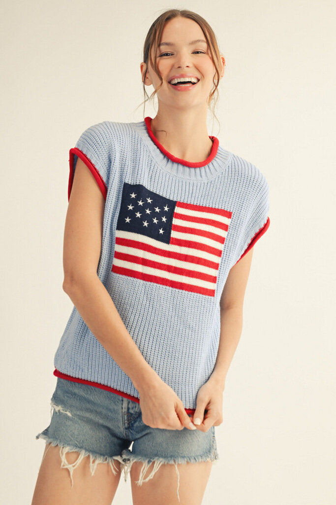 JODIFL Blue Knit Drop Shoulder American Flag Top