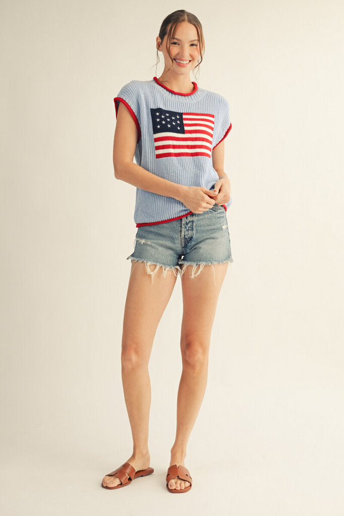 JODIFL Blue Knit Drop Shoulder American Flag Top