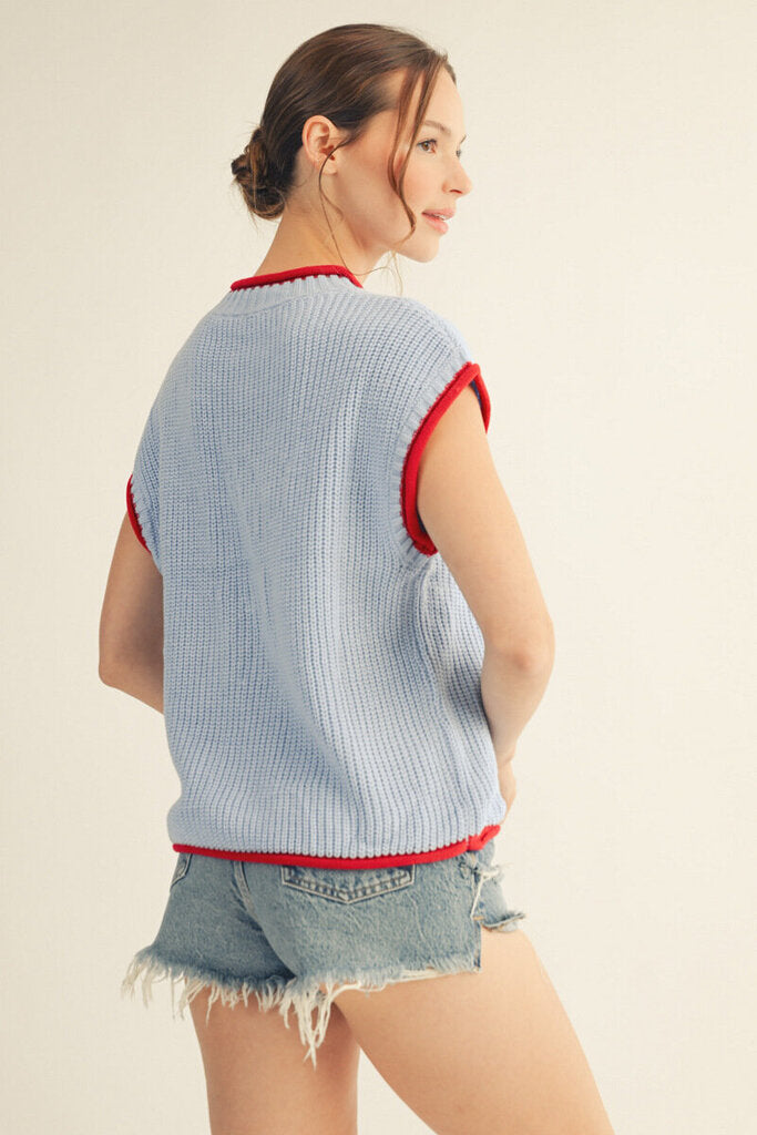 JODIFL Blue Knit Drop Shoulder American Flag Top