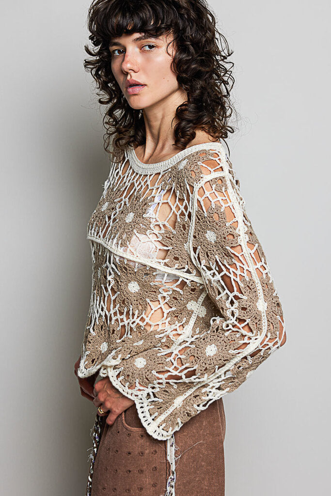 POL Mocha and Cream Crochet Long Sleeve Top