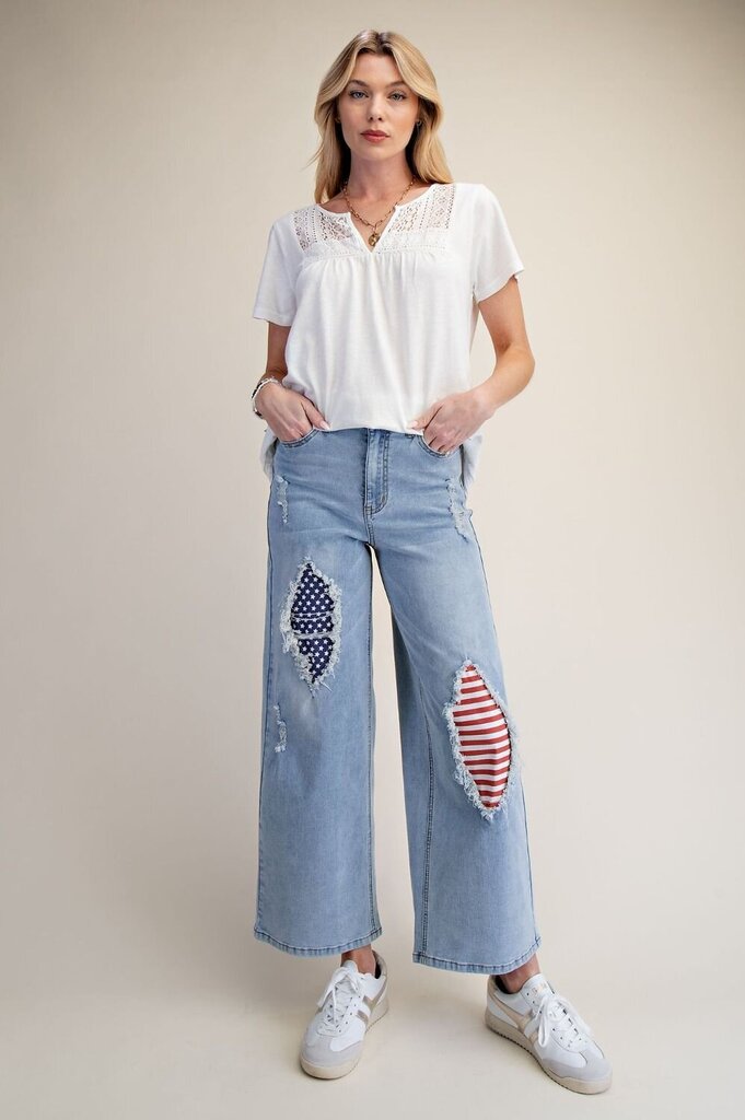 EASEL Wide Leg Distrssed Stripe and Star Patch Denim Jeans