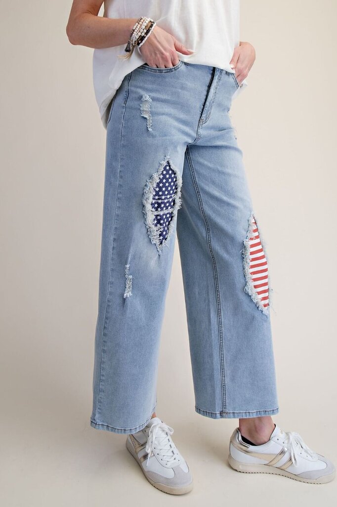 EASEL Wide Leg Distrssed Stripe and Star Patch Denim Jeans