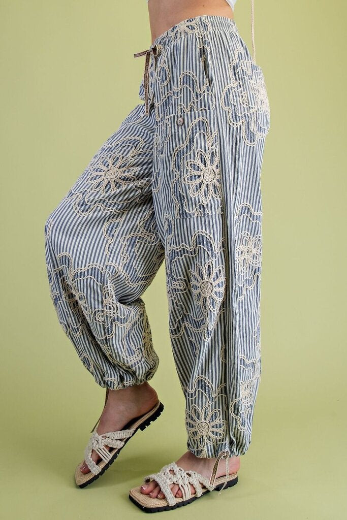 EASEL Blue Stripe Embroidery Woven Jogger Pants