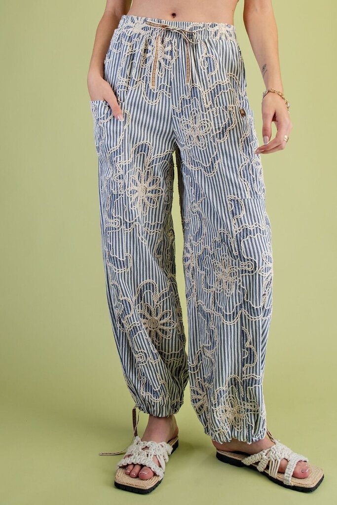 EASEL Blue Stripe Embroidery Woven Jogger Pants
