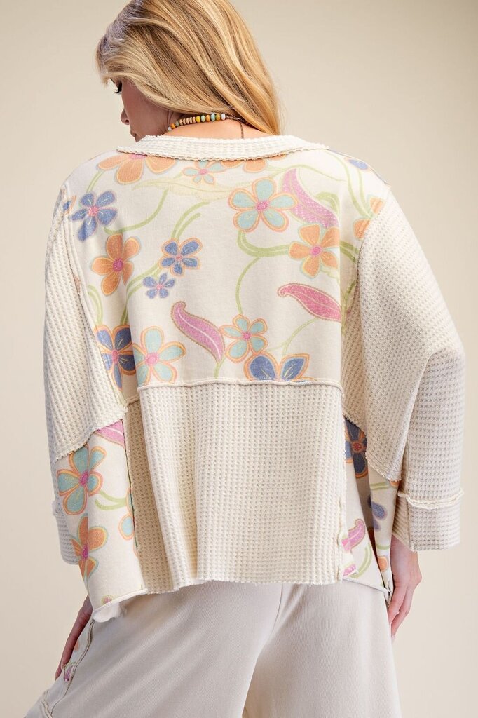 EASEL Cream Floral Print Washed Terry Lounge Top