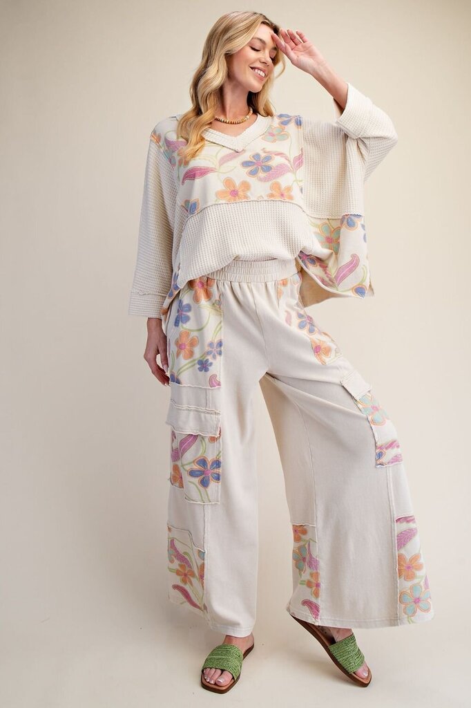 EASEL Cream Floral Print Washed Terry Lounge Top