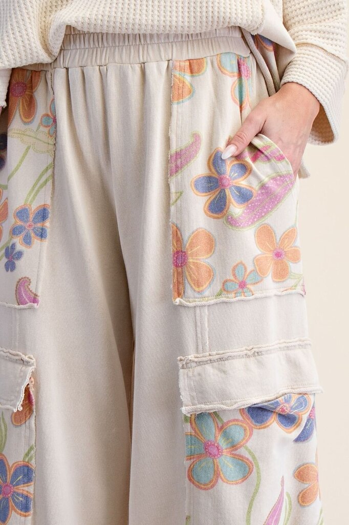 EASEL Cream Floral Print Washed Terry Cotton Lounge Pants