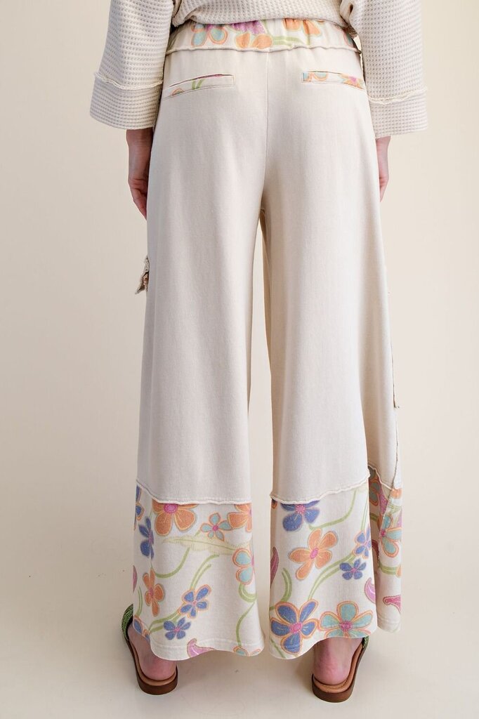 EASEL Cream Floral Print Washed Terry Cotton Lounge Pants