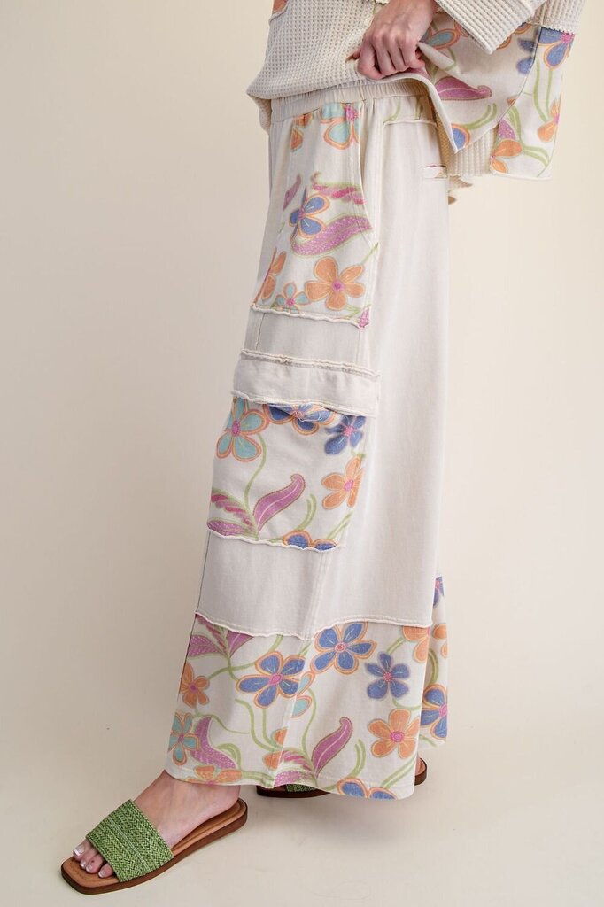 EASEL Cream Floral Print Washed Terry Cotton Lounge Pants