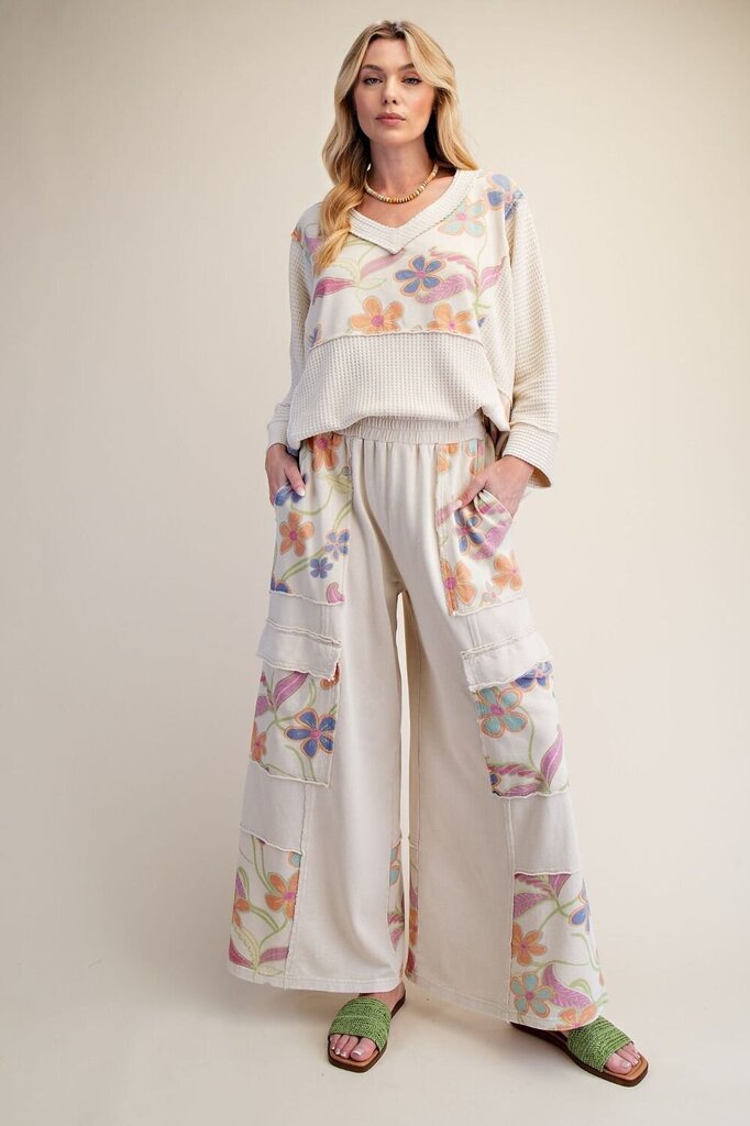 EASEL Cream Floral Print Washed Terry Cotton Lounge Pants