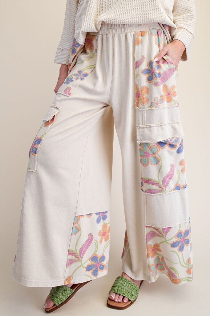 EASEL Cream Floral Print Washed Terry Cotton Lounge Pants