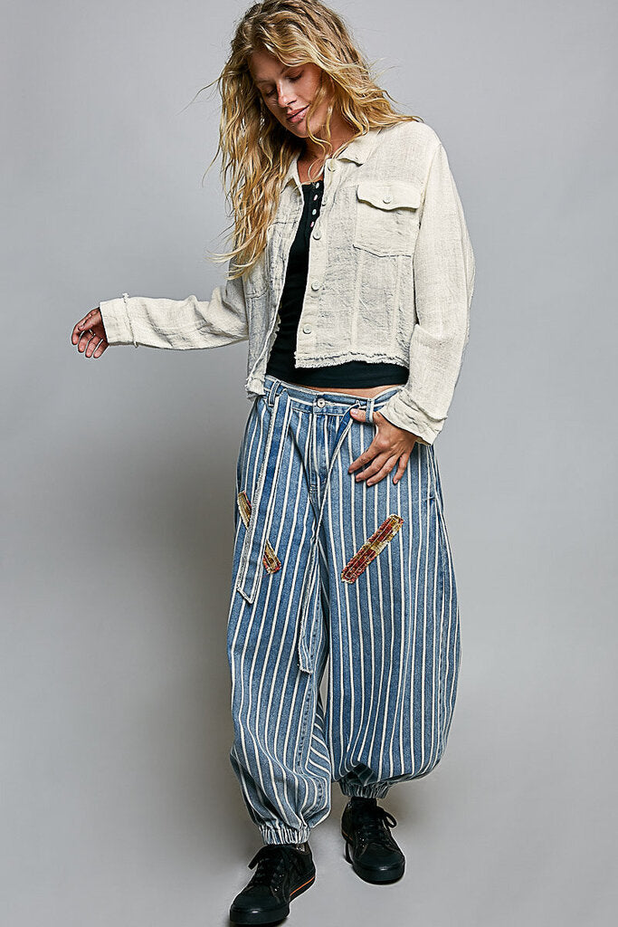 POL Cream Button-front Linen and Cotton Jacket