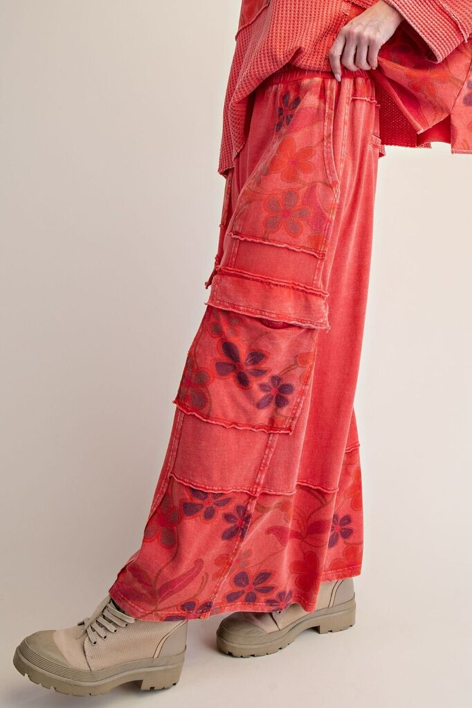 EASEL Boho Red Floral Print Washed Terry Cotton Lounge Pants