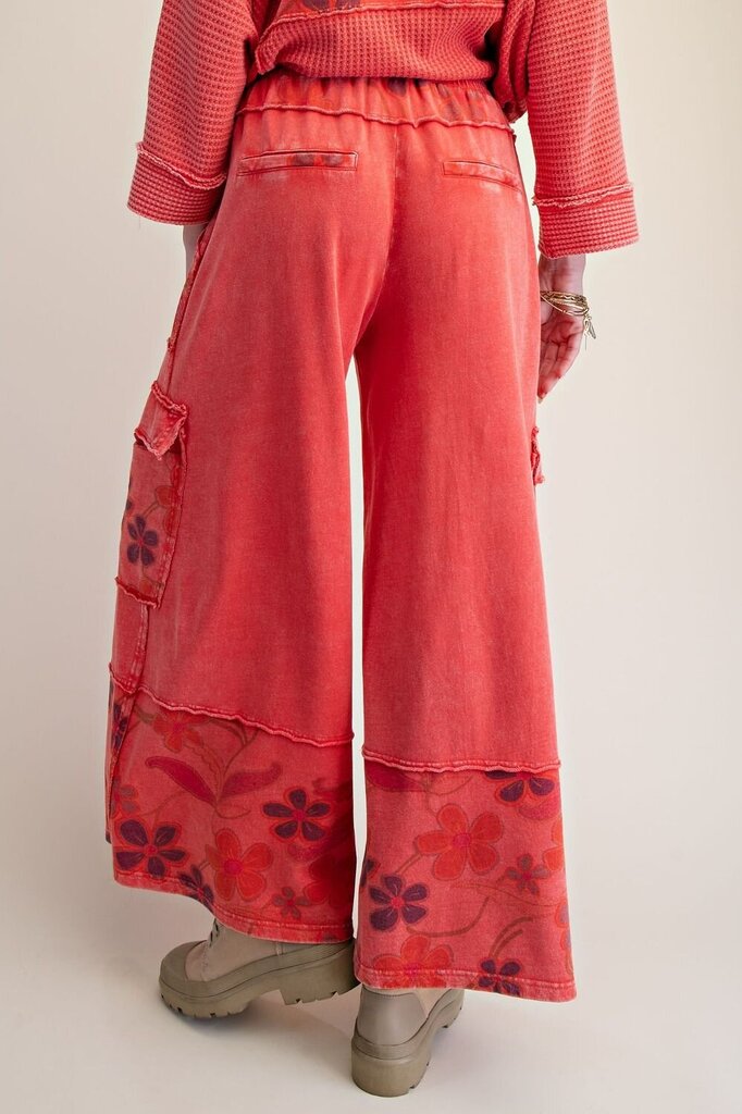 EASEL Boho Red Floral Print Washed Terry Cotton Lounge Pants