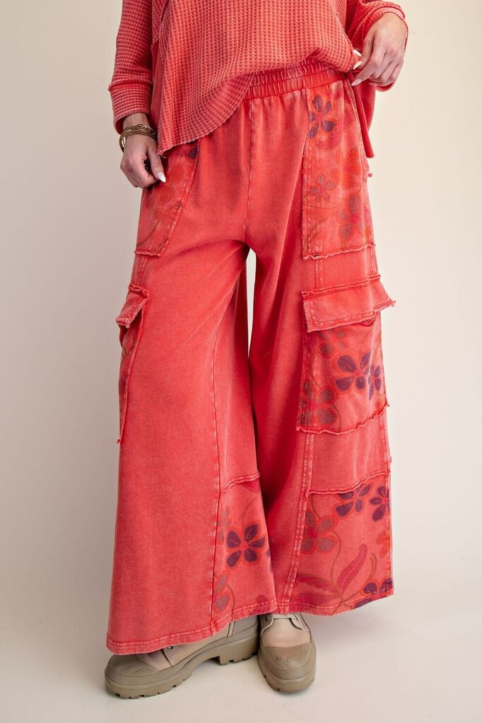 EASEL Boho Red Floral Print Washed Terry Cotton Lounge Pants