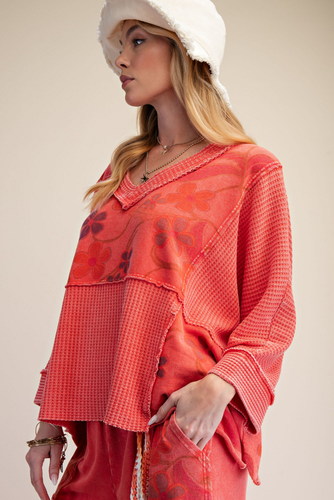 EASEL Boho Red Floral Print Washed Terry Lounge Top