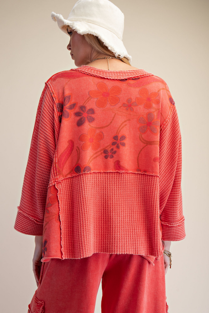 EASEL Boho Red Floral Print Washed Terry Lounge Top