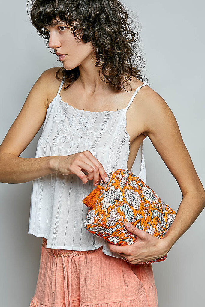 POL Orange Floral Print Quilted Cosmetic Bag