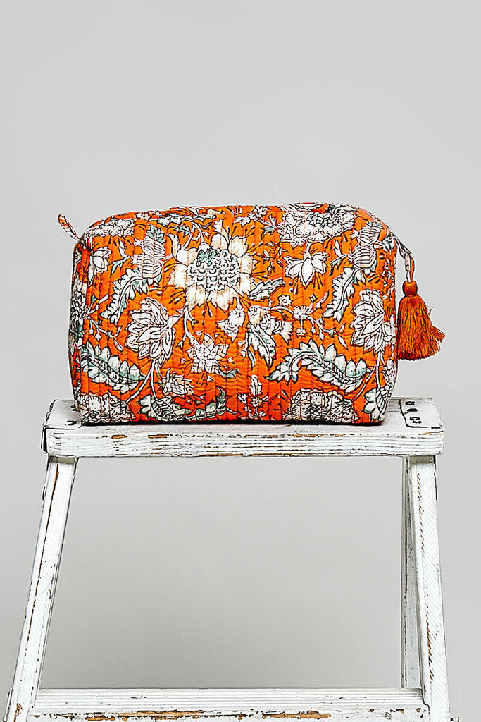 POL Orange Floral Print Quilted Cosmetic Bag
