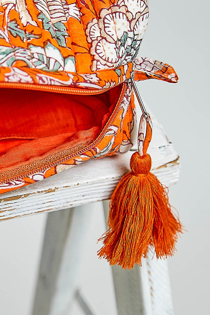 POL Orange Floral Print Quilted Cosmetic Bag