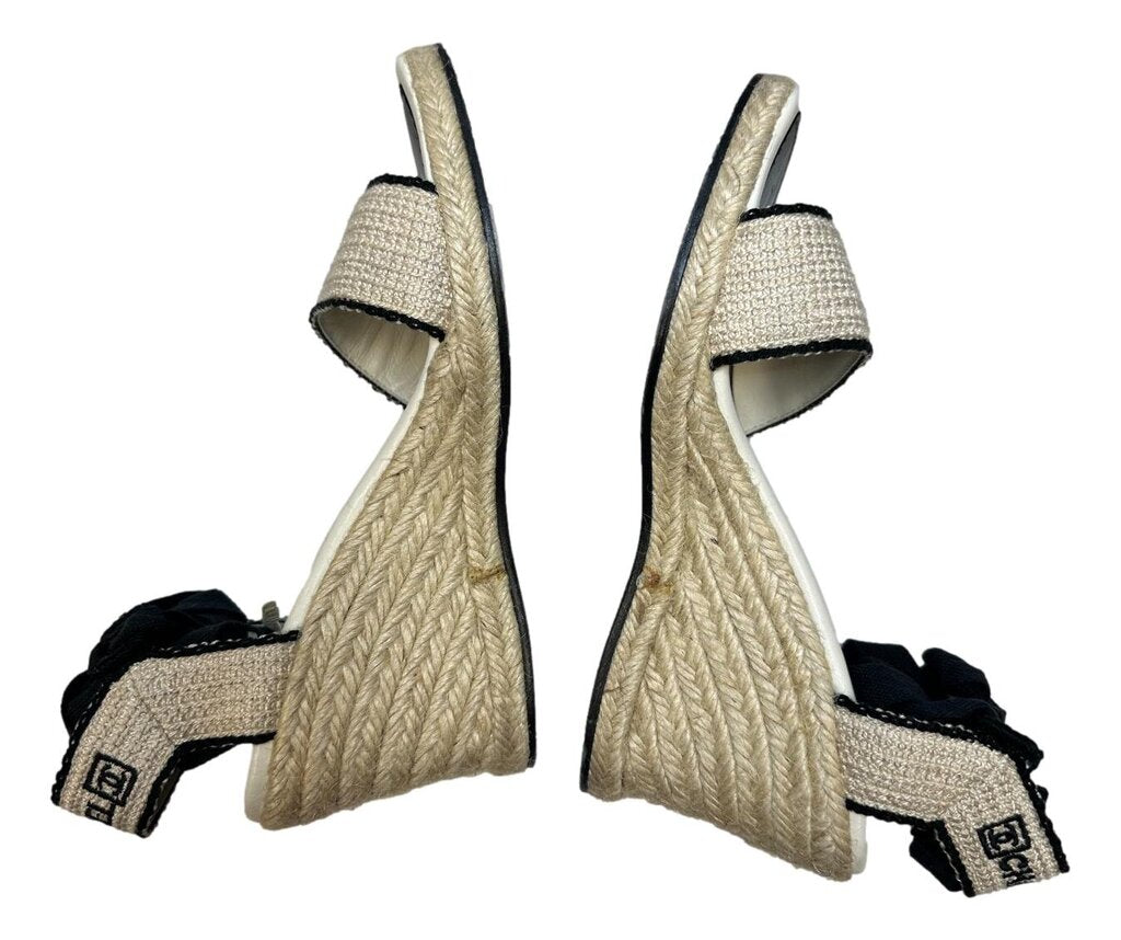 CHANEL Cream & Black Espadrille Wedge Sandal Size 37