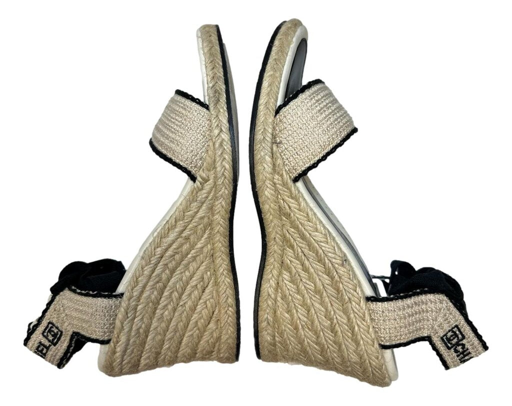 CHANEL Cream & Black Espadrille Wedge Sandal Size 37