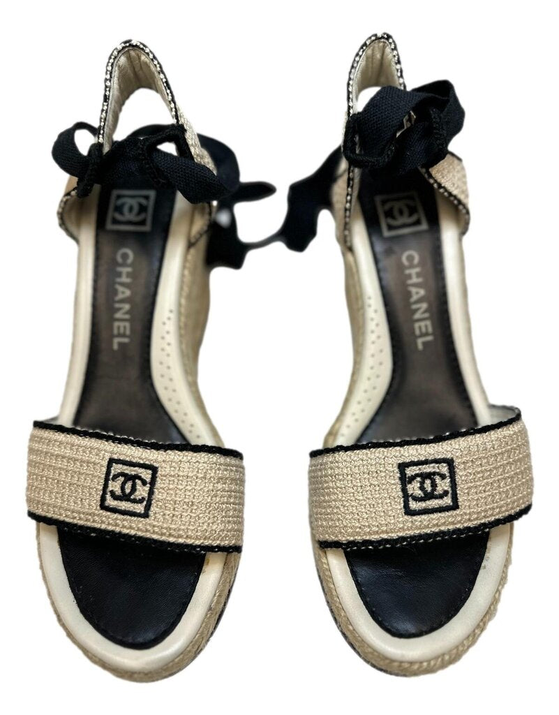 CHANEL Cream & Black Espadrille Wedge Sandal Size 37