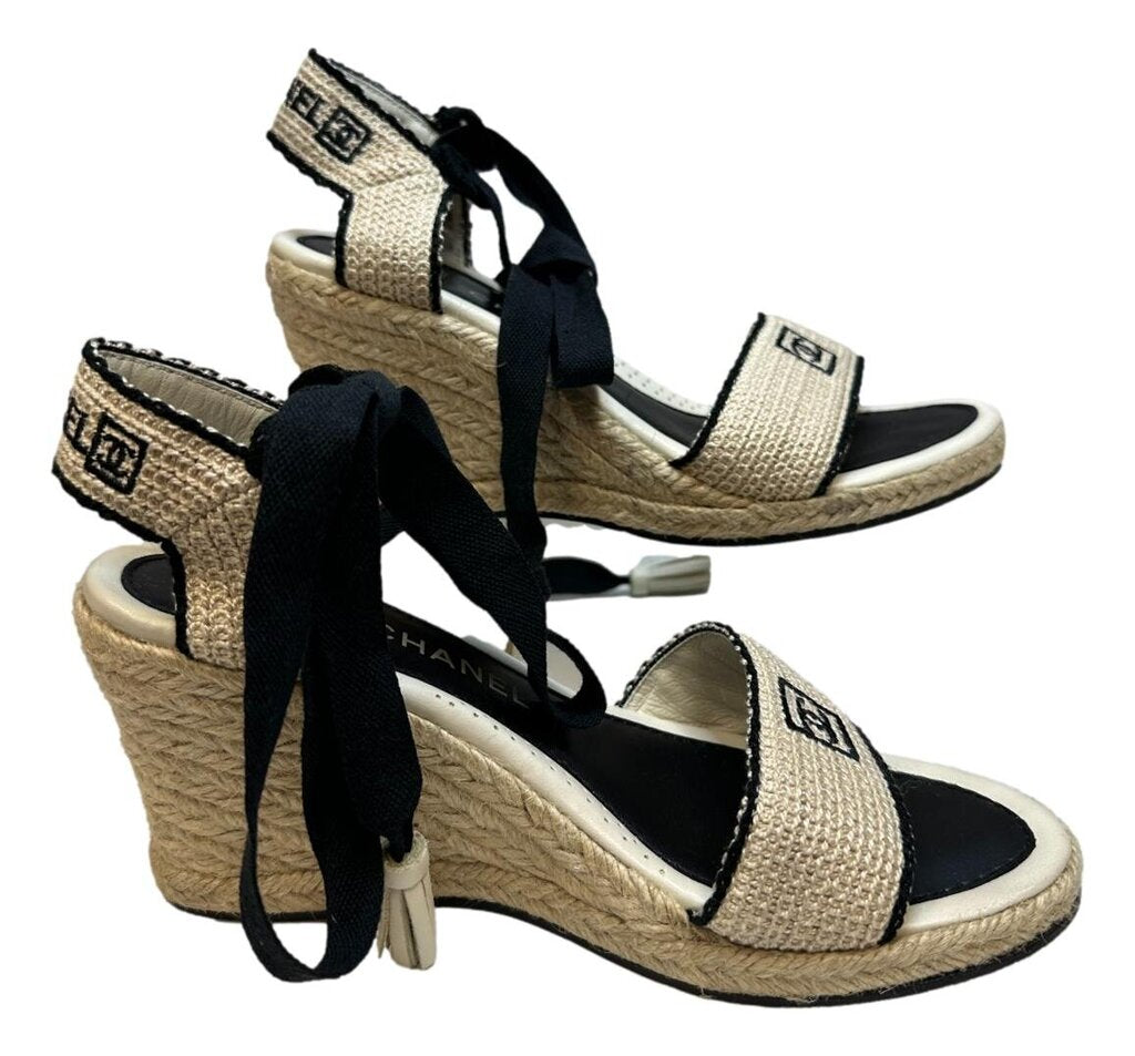 CHANEL Cream & Black Espadrille Wedge Sandal Size 37