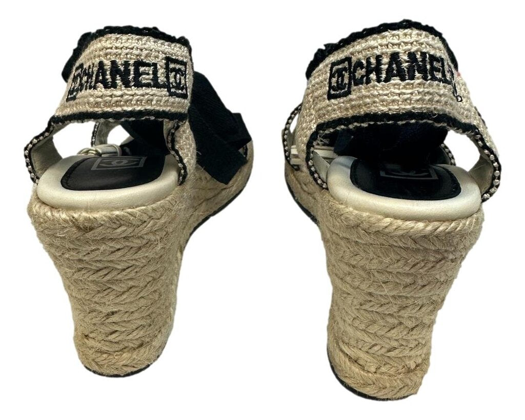 CHANEL Cream & Black Espadrille Wedge Sandal Size 37
