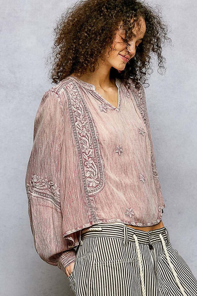 POL Antique Pink Embroidered Long Sleeve Top