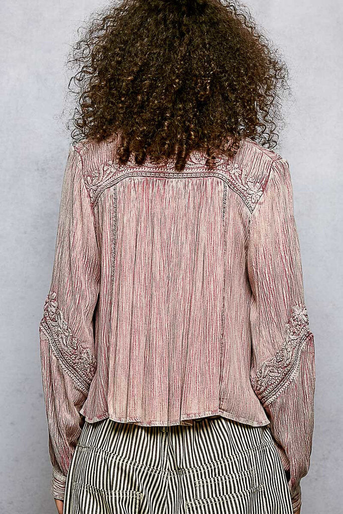 POL Antique Pink Embroidered Long Sleeve Top